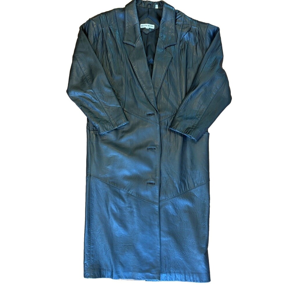 Vintage 80s Bon Ton Black Leather Jacket Size L Trench Coat Matrix Goth